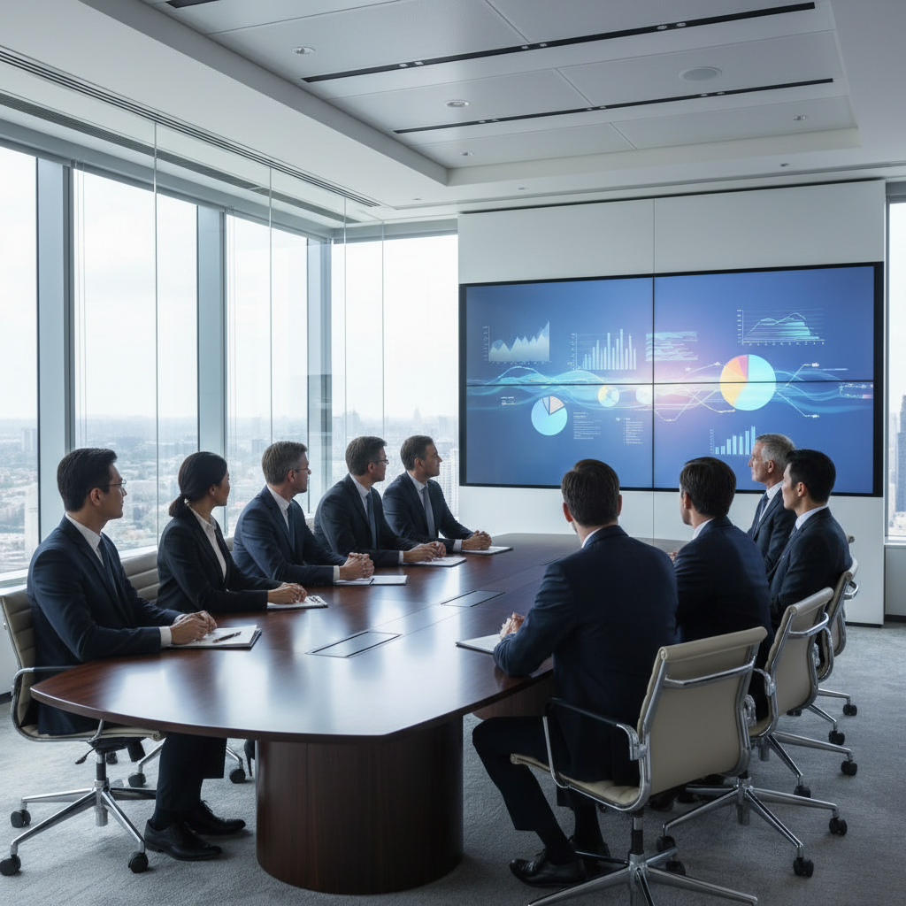 Business leaders reviewing business data analytics dashboards in a modern conference room
