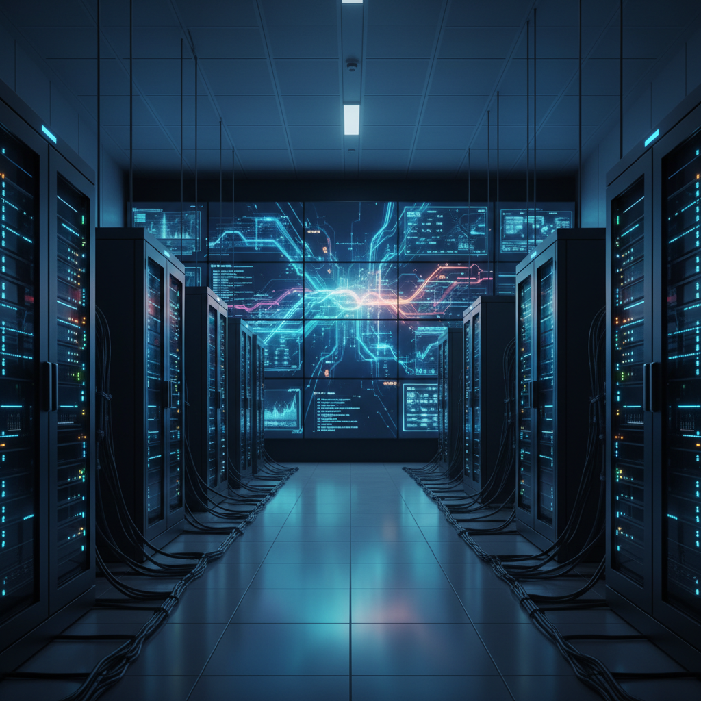 Modern control room with big data analytics visualizations on large screens