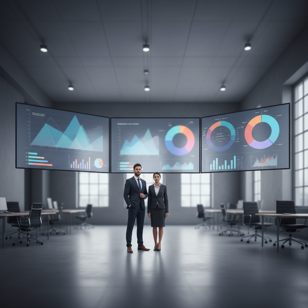 Business analyst and executive viewing business data analytics dashboards on large screens