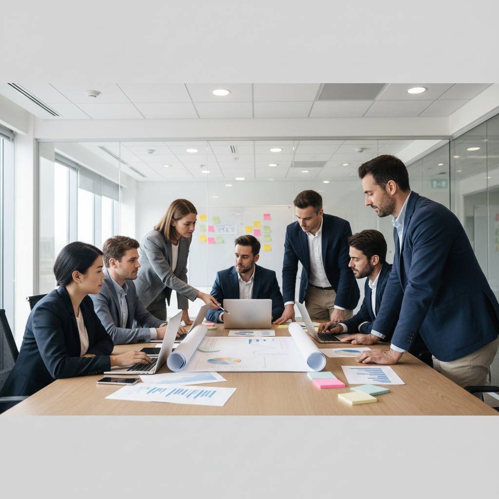 Cross-functional team planning a business data analytics strategy in a workshop