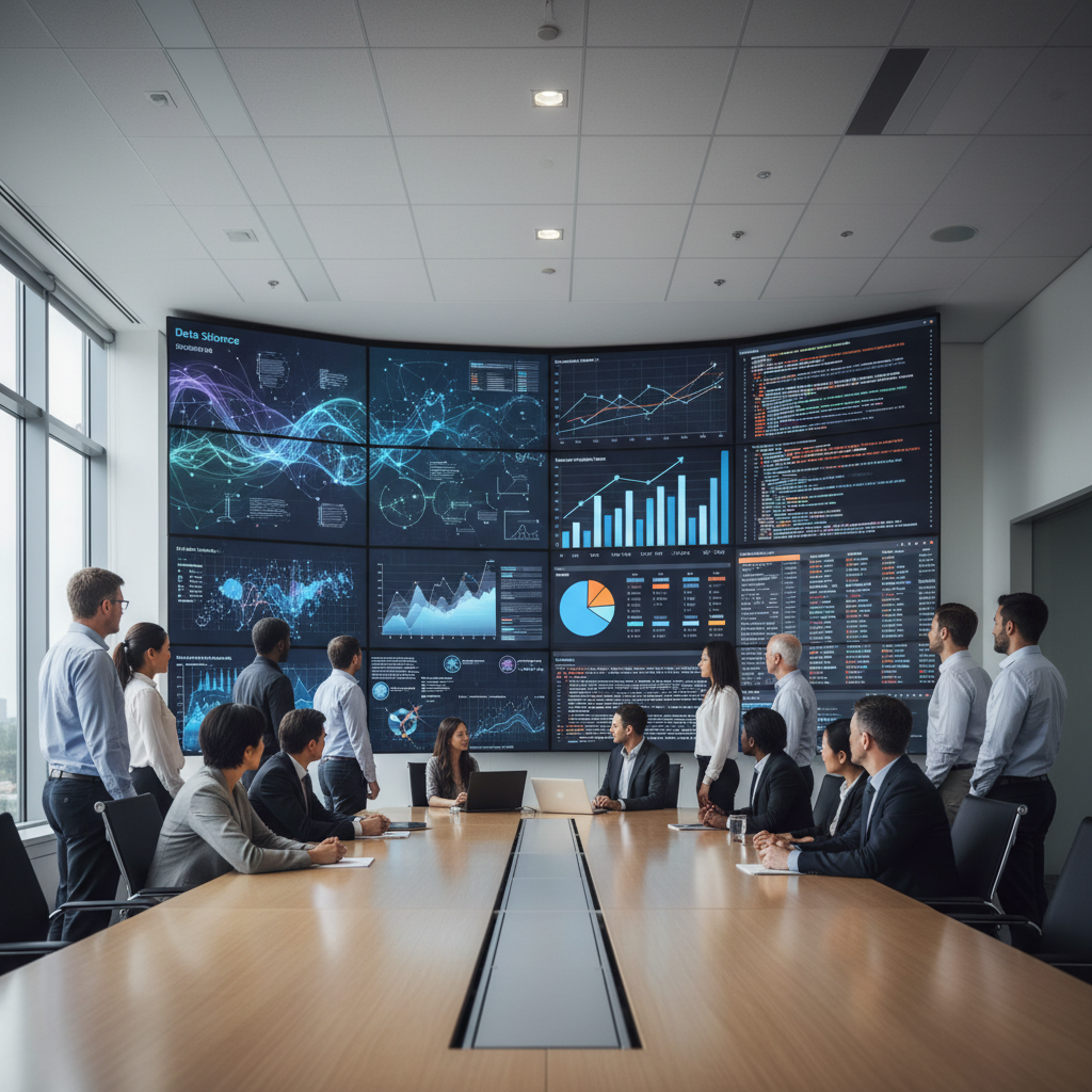 Business team reviewing data dashboards and code on large screens, representing data science vs data analytics