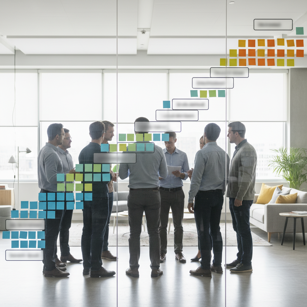 Team standing around a glass wall with a ladder-style analytics to AI strategy diagram