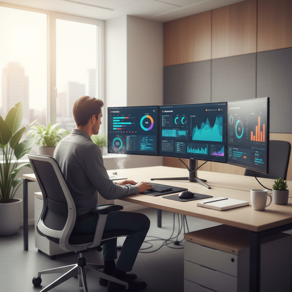 Data analyst working at a desk with multiple screens showing business intelligence dashboards