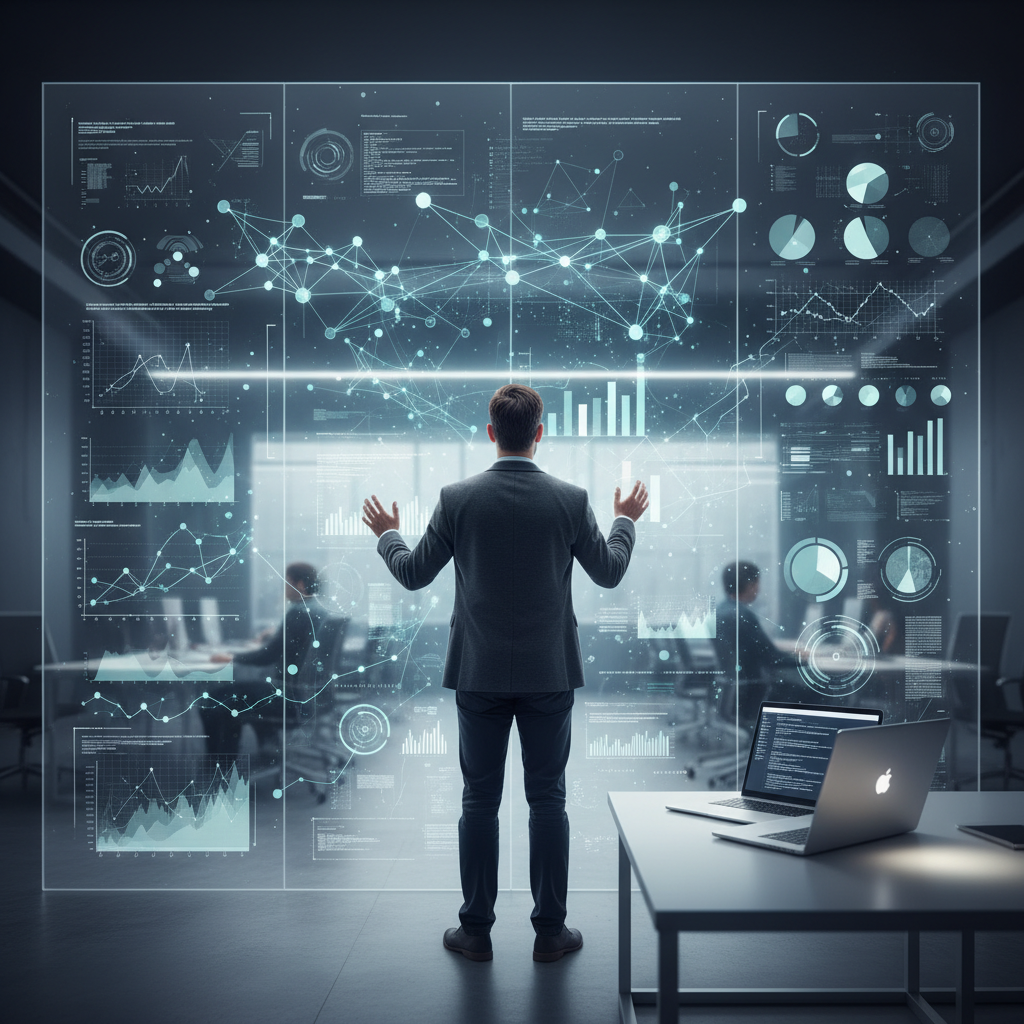 Data scientist reviewing predictive model visualizations on a large digital display