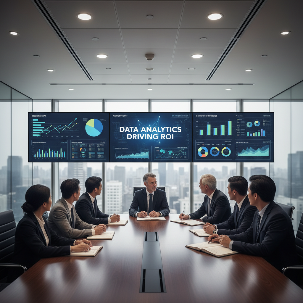 Business leaders and data analysts reviewing dashboards from data analytics software in a modern office