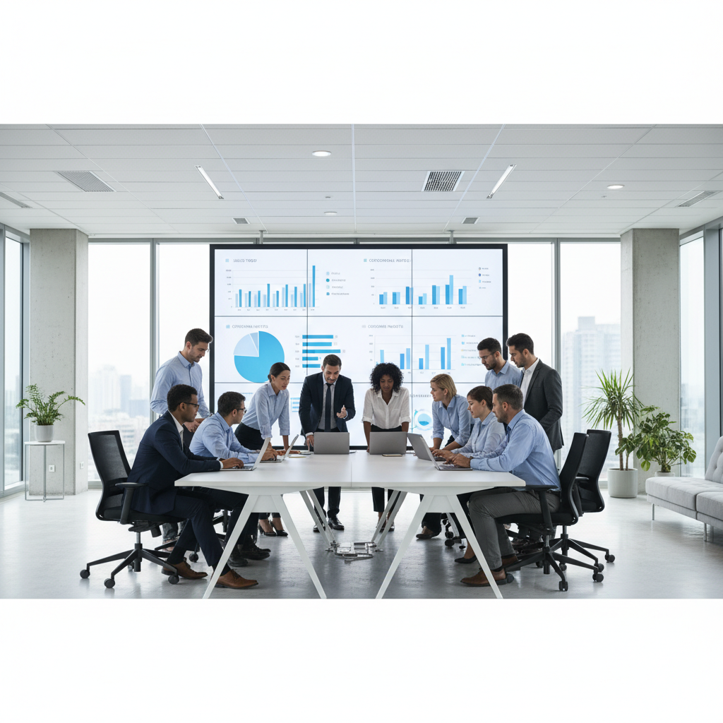 Executives, analysts, and frontline staff collaborating around data analytics software dashboards