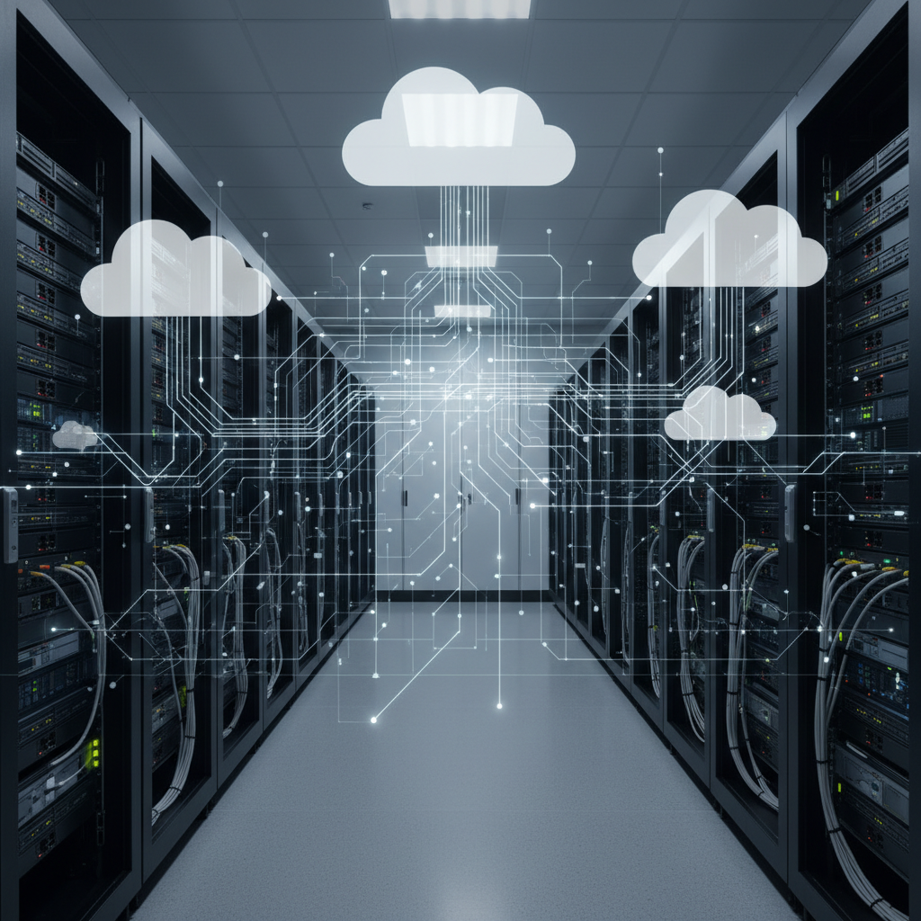 Abstract server room and cloud connections symbolizing data analytics software connectivity