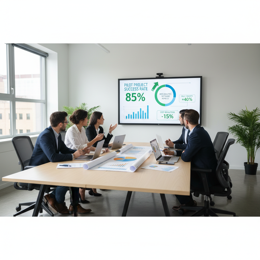 Project team reviewing performance metrics from a pilot of new data analytics software