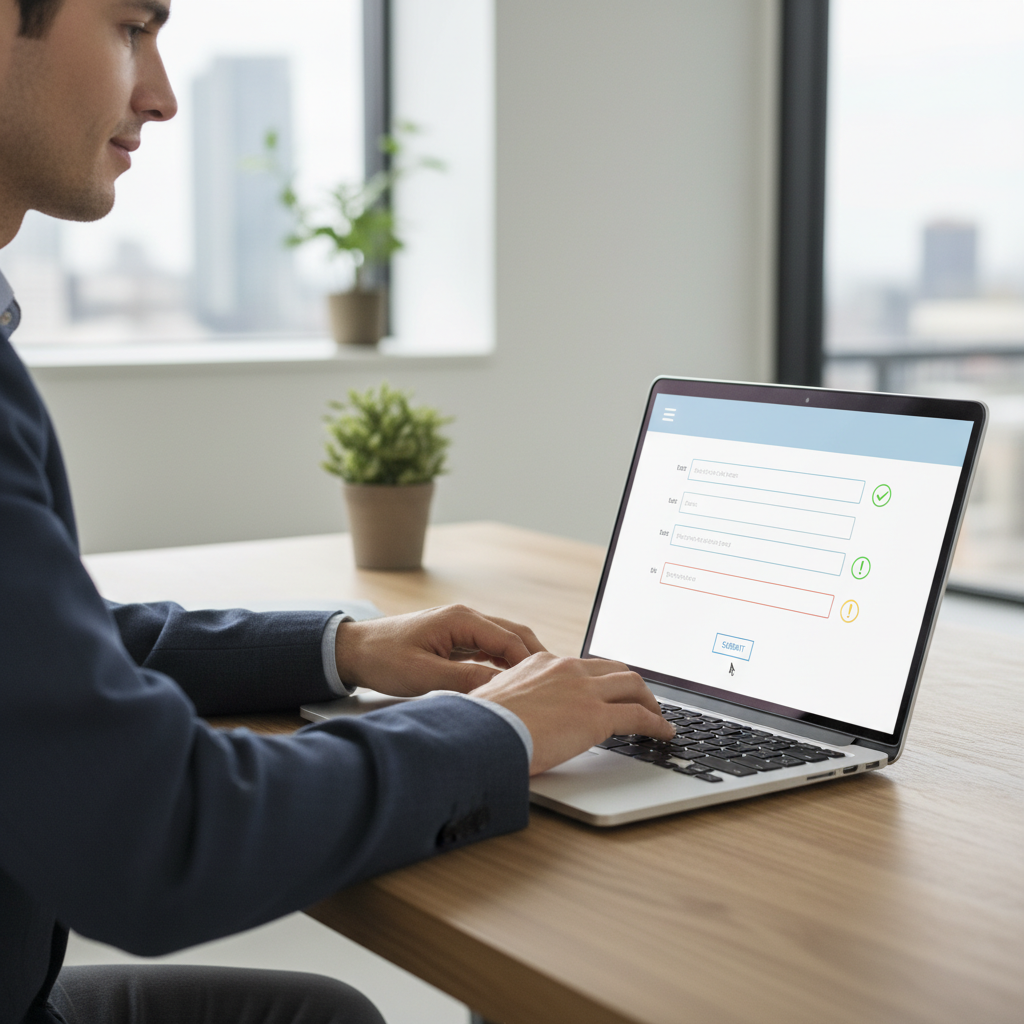 Person entering customer details into a web form with subtle validation indicators