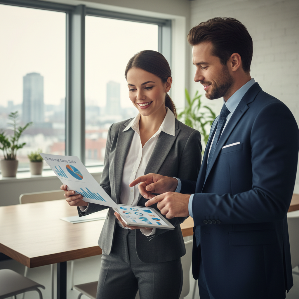 Business leaders reviewing analytics reports that reflect trustworthy customer data