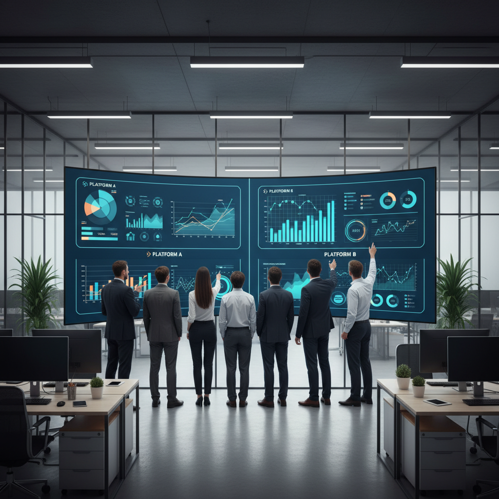 Team collaborating around large screens comparing Spotfire vs Tableau analytics dashboards