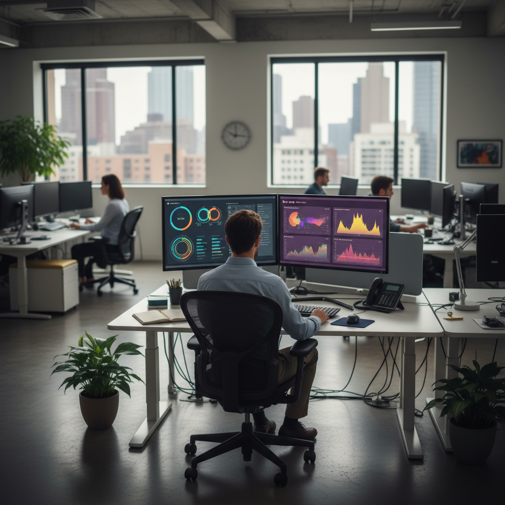 Analyst reviewing dual monitors with Spotfire vs Tableau style comparison dashboards