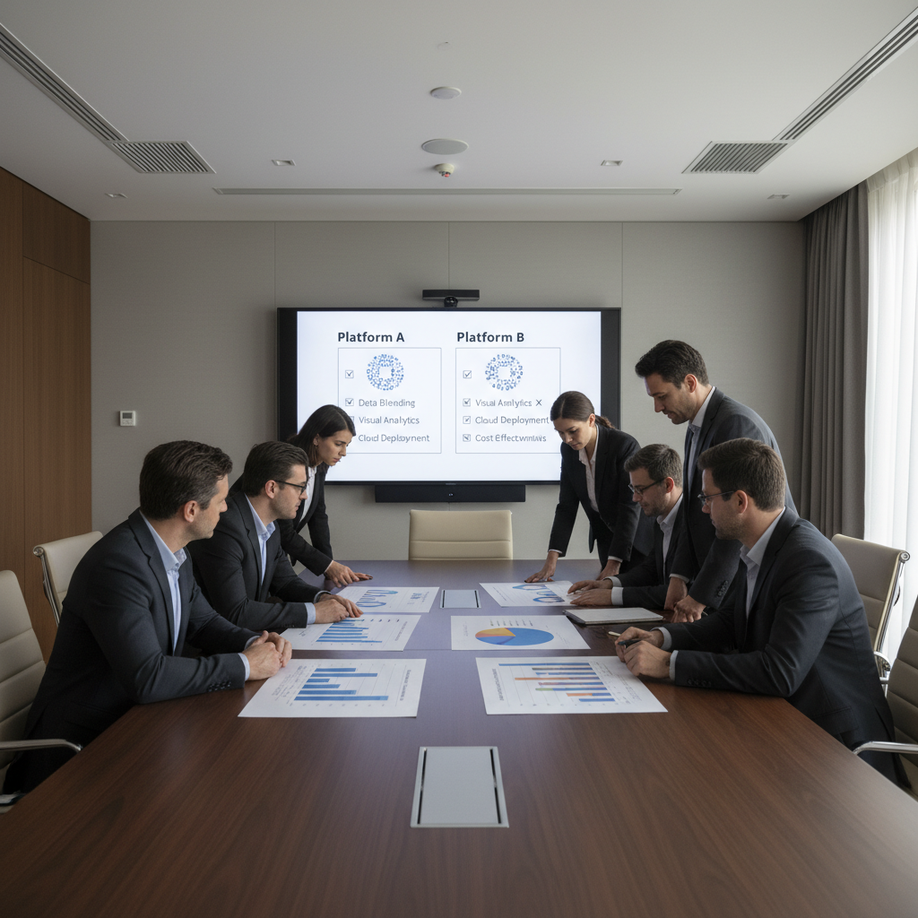 Stakeholders in a workshop using a decision framework to choose between Spotfire vs Tableau