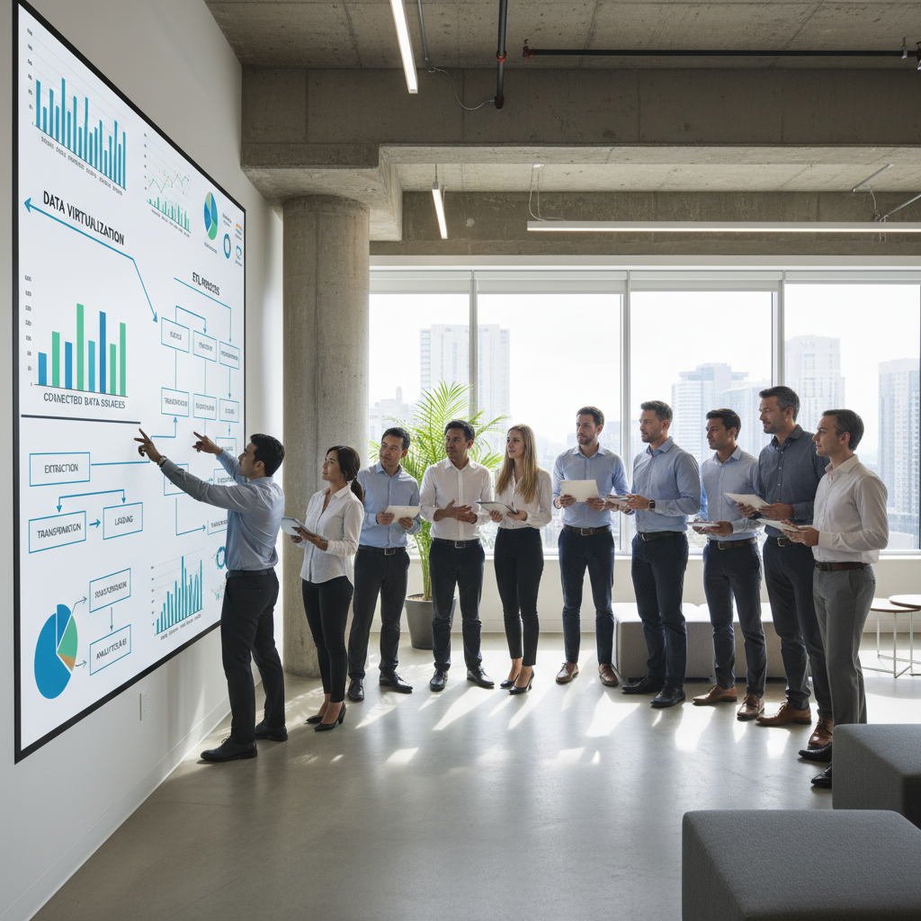 Business and IT team reviewing dashboards while deciding between data virtualization vs ETL