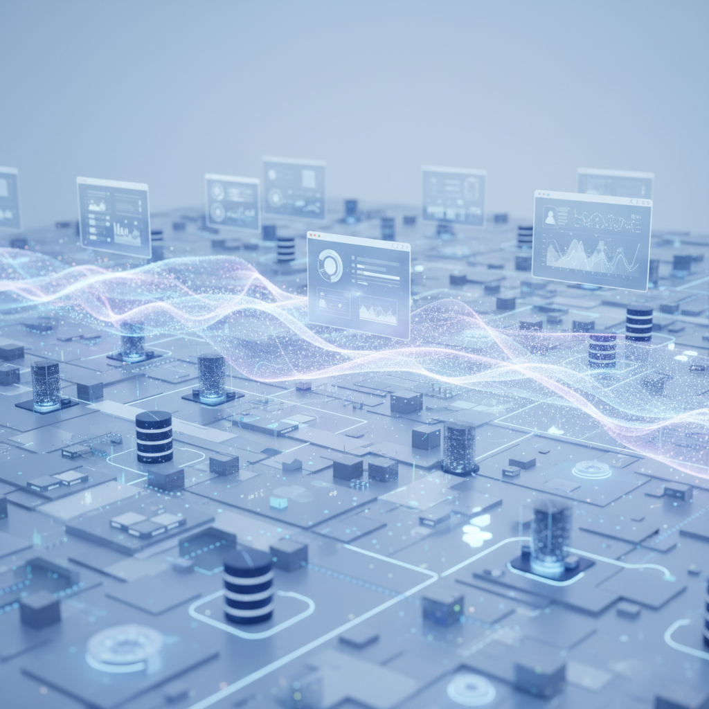 Abstract network showing a logical data virtualization layer unifying multiple data sources