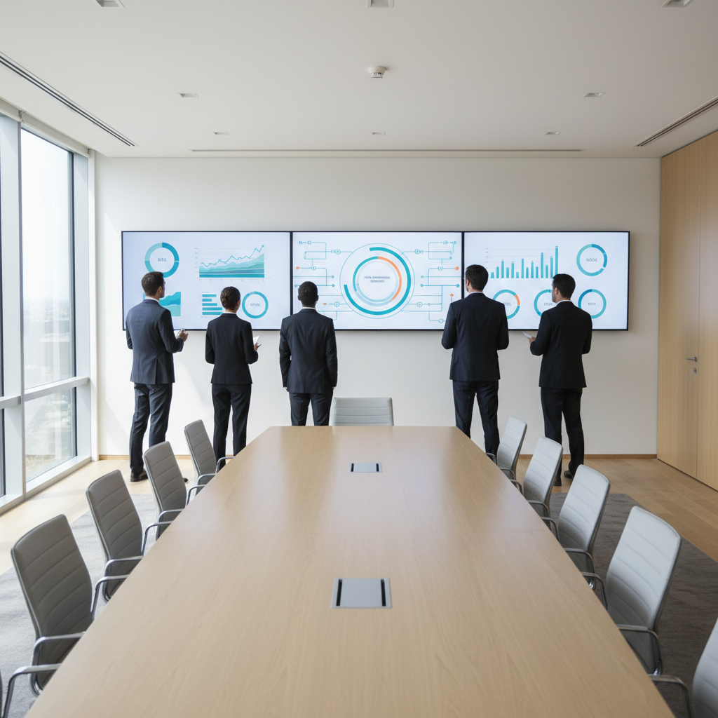 Executives in a boardroom reviewing large wall-mounted dashboards powered by a data warehouse