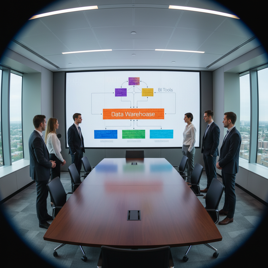 Professionals in a conference room reviewing a layered analytics stack diagram showing data sources, a data warehouse, and BI tools