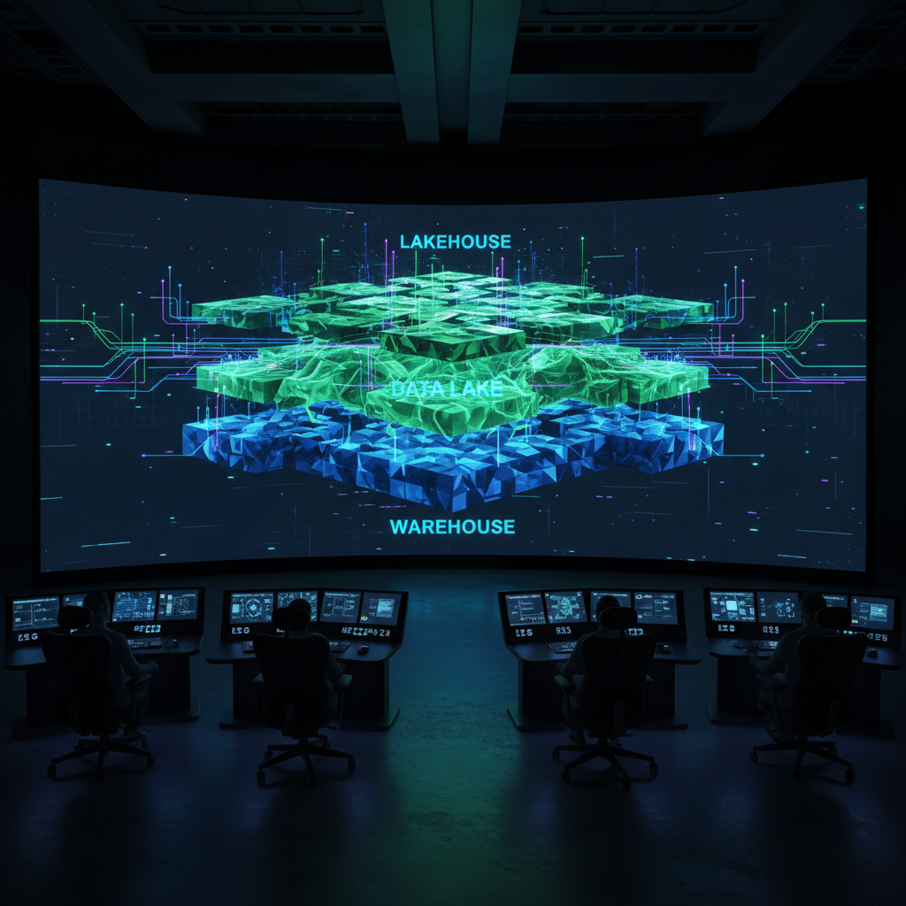 Abstract layered visualization comparing data warehouse, data lake, and lakehouse architectures