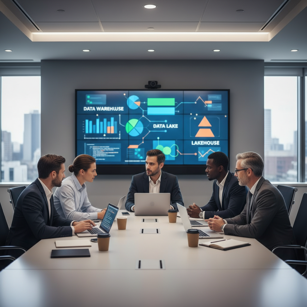 Business and IT team collaborating on data warehouse, data lake, and lakehouse strategy in a meeting room