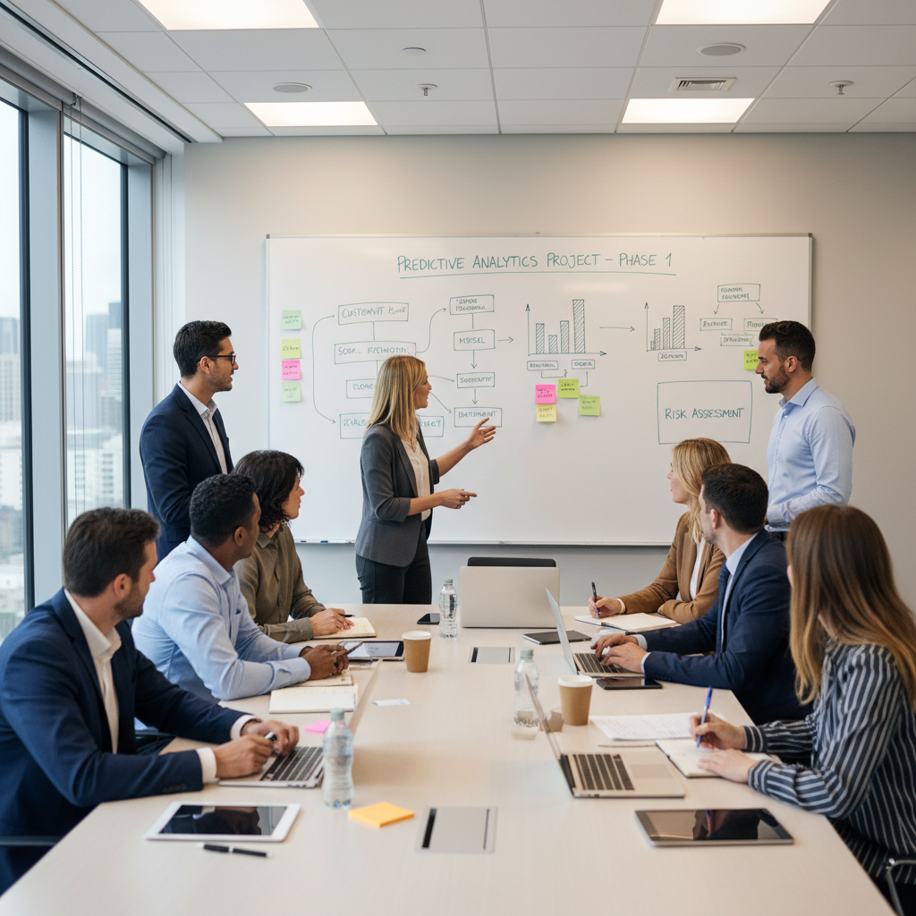 Cross-functional team planning a predictive analytics project in a meeting room