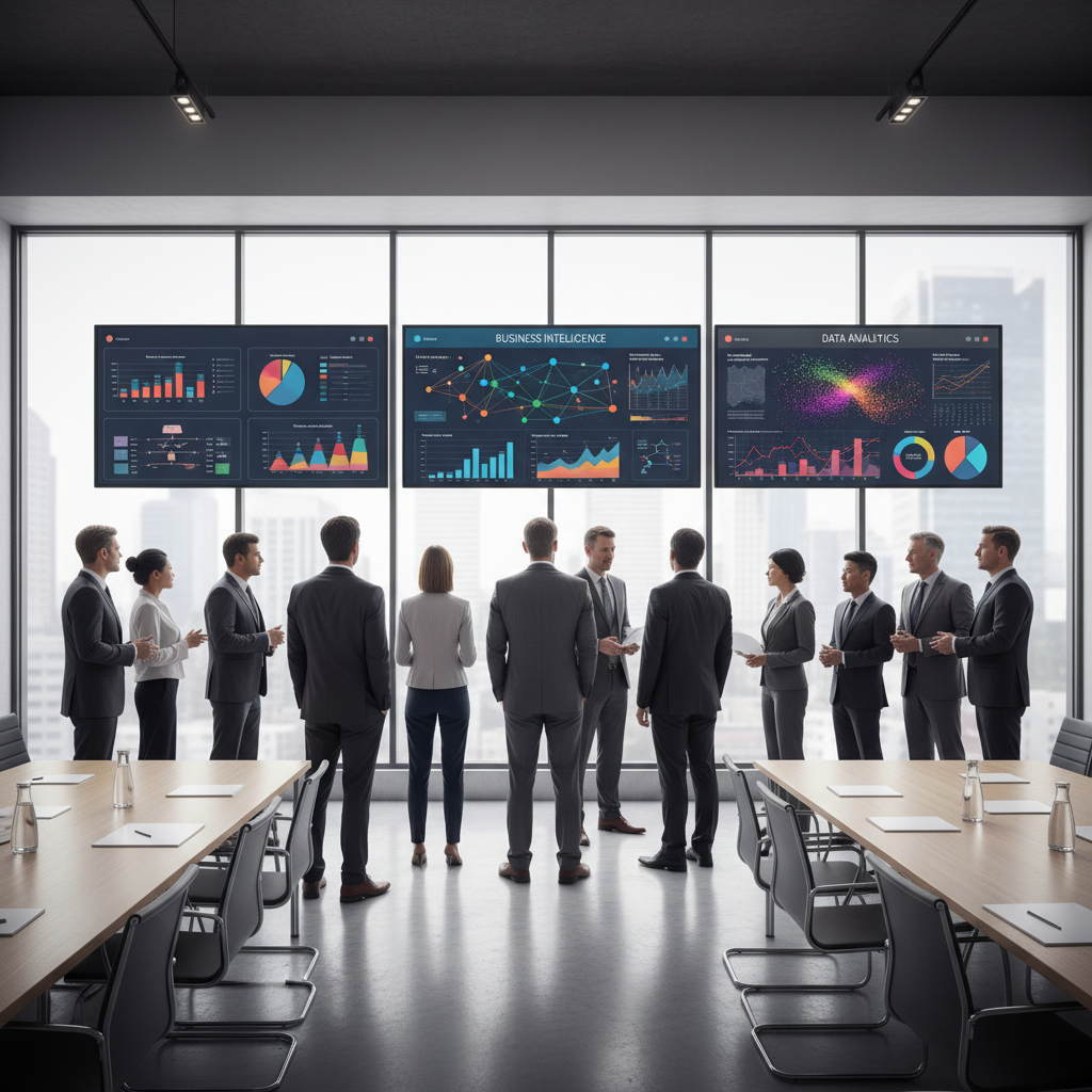 Business leaders reviewing business intelligence dashboards and analytics charts on large screens in a modern conference room