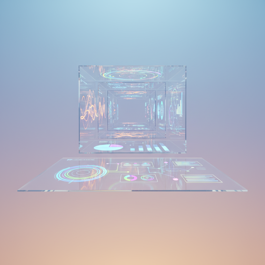 Abstract layered visualization of dashboards and data flows representing a modern business intelligence and data analytics stack