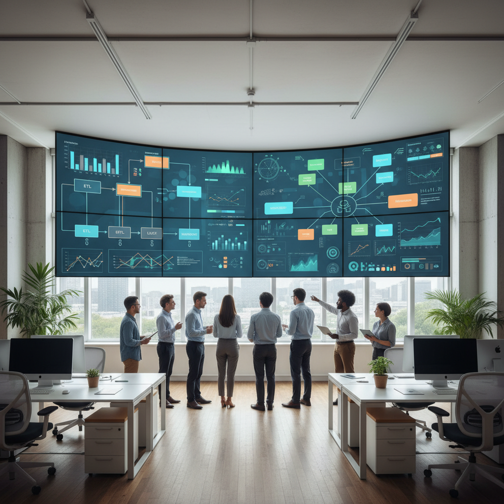 Data engineering team reviewing dashboards of ETL and ELT data pipelines in a modern office
