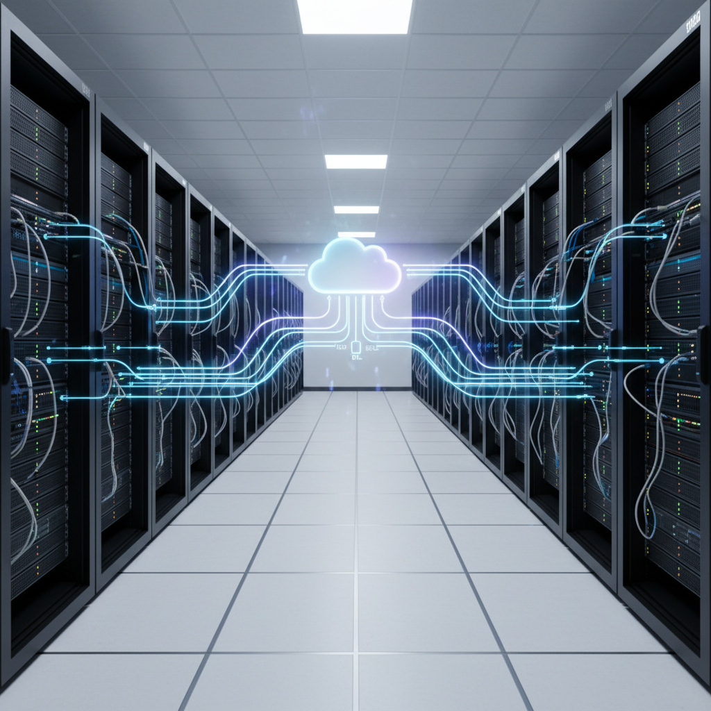 Modern data center with cloud and data flow visuals representing ETL and ELT architectures
