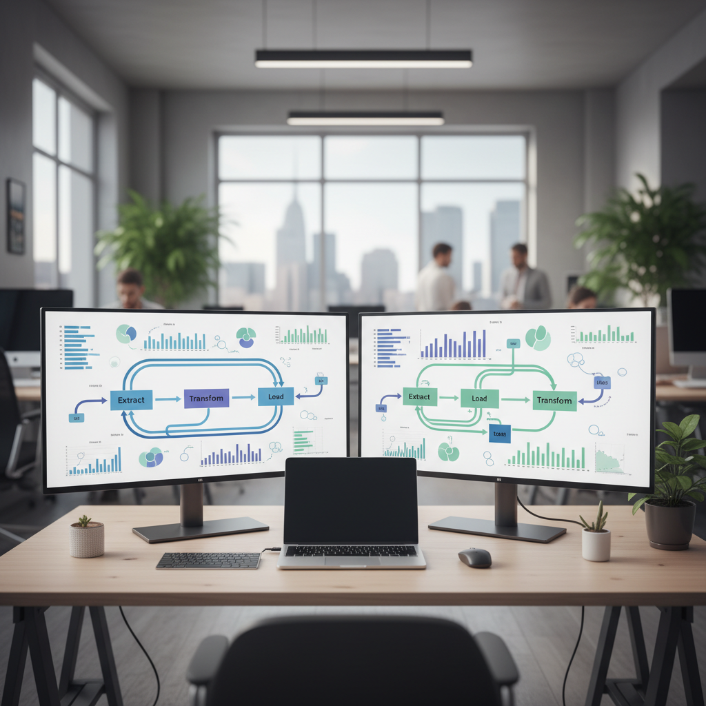 Workstation with dual monitors showing abstract side-by-side ETL and ELT data flows