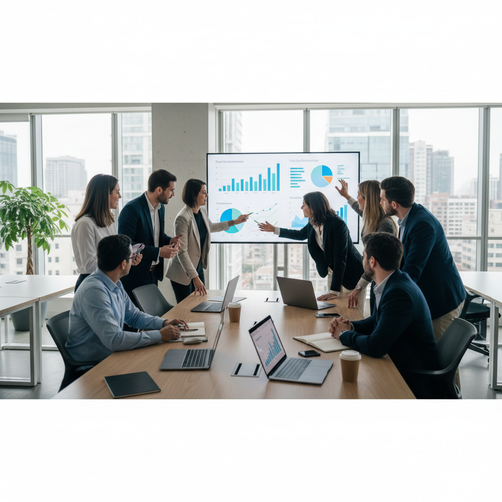 Data consultants and business leaders collaborating around a KPI dashboard on a large screen