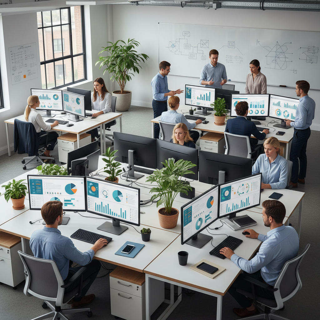 Analytics team in an office reviewing multiple KPI dashboard examples on large monitors