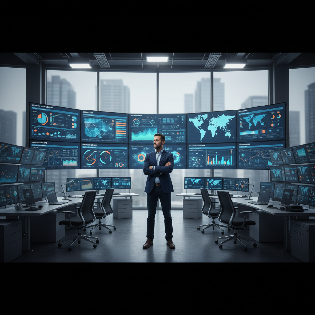 Operations manager viewing supply chain KPI dashboards on a large screen