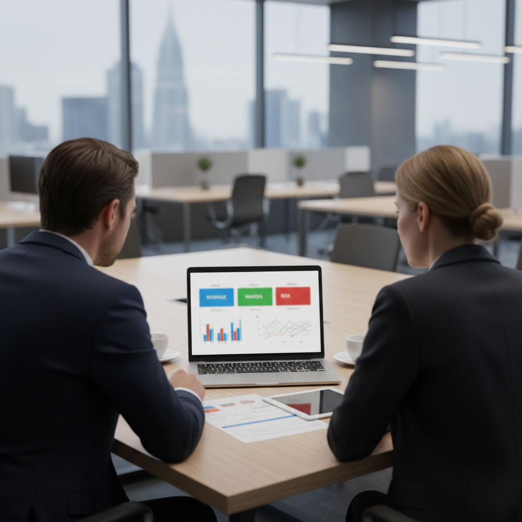 CEO and CFO looking at a KPI dashboard overview on a laptop