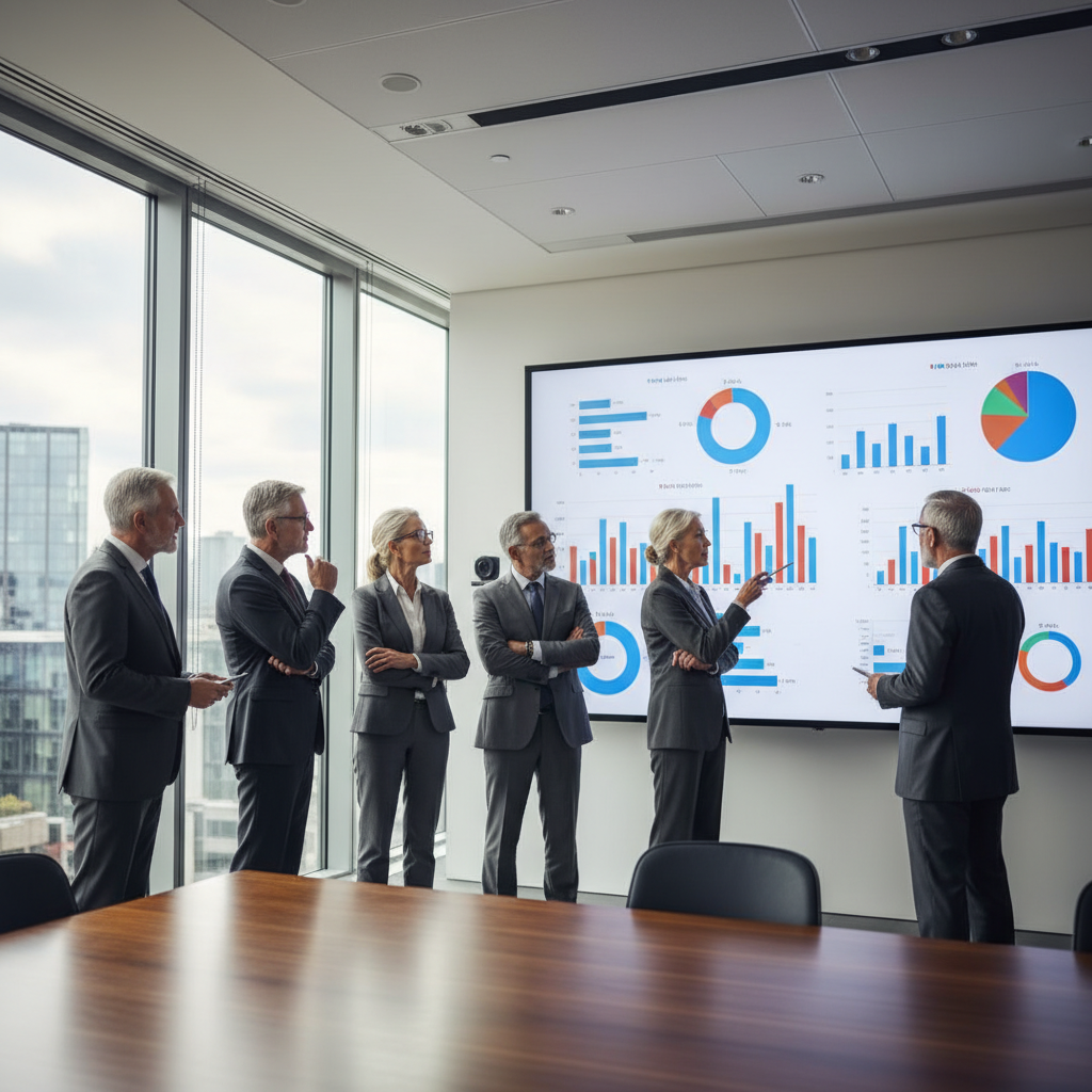 Senior executives reviewing a KPI dashboard together in a modern boardroom