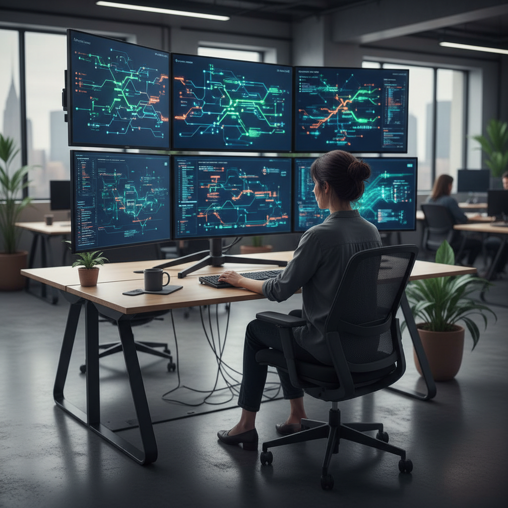 Data engineer working at multiple screens that visualize data pipelines and workflows