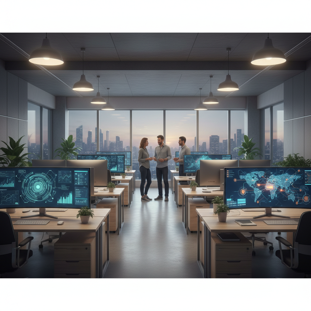 Office scene with screens showing analytics dashboards and network security visualizations