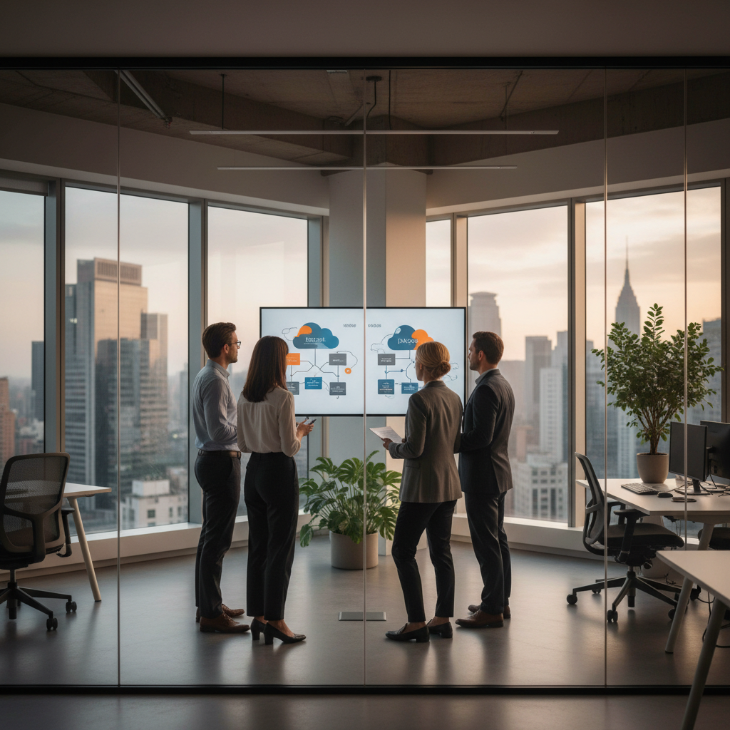 Data and analytics leaders reviewing Snowflake vs Databricks options on a large screen