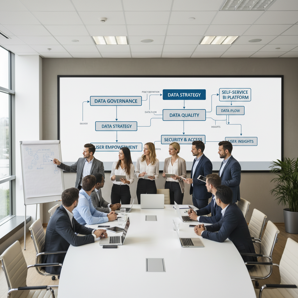 Business and IT team collaborating around a self-service BI governance framework in a meeting room