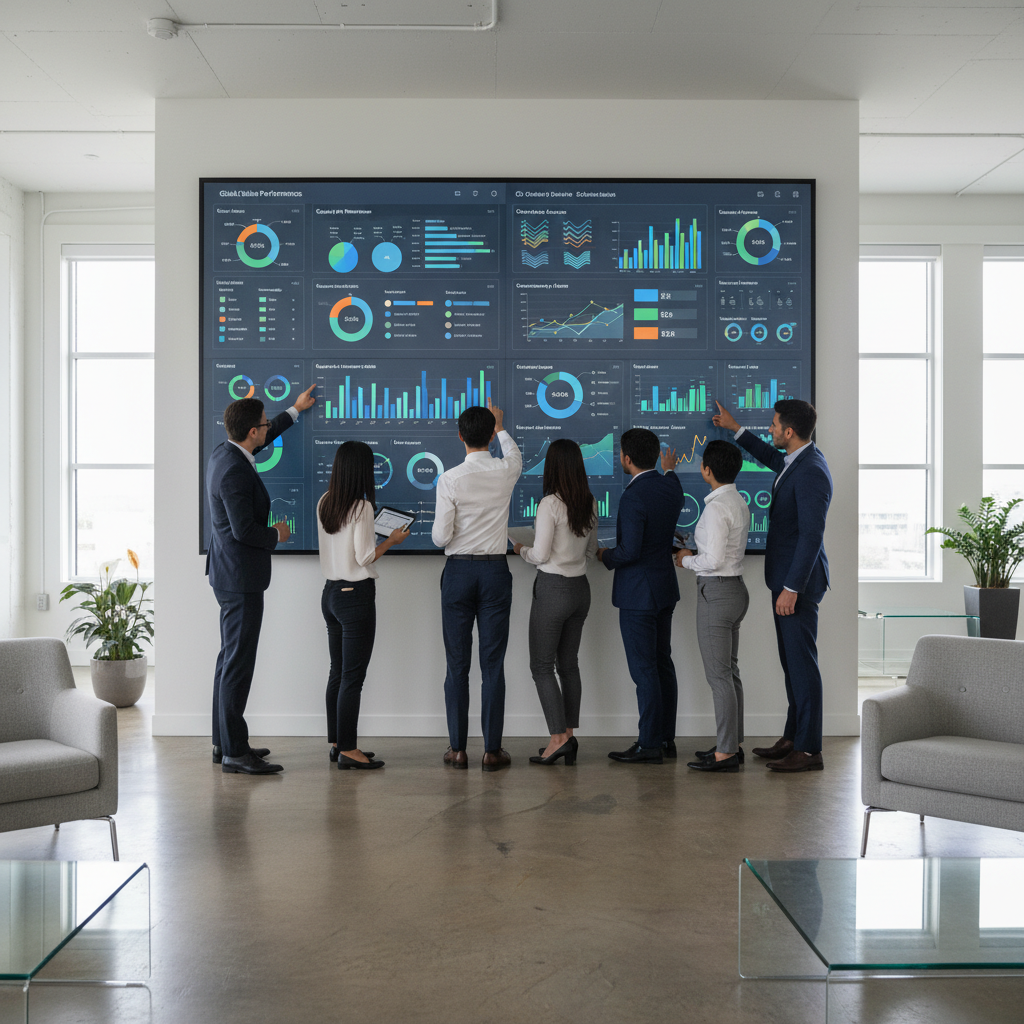 Business team reviewing a large self-service BI dashboard in a modern office