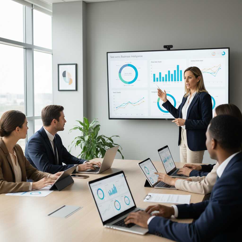 Analytics team collaborating around self-service BI dashboards displayed on screens