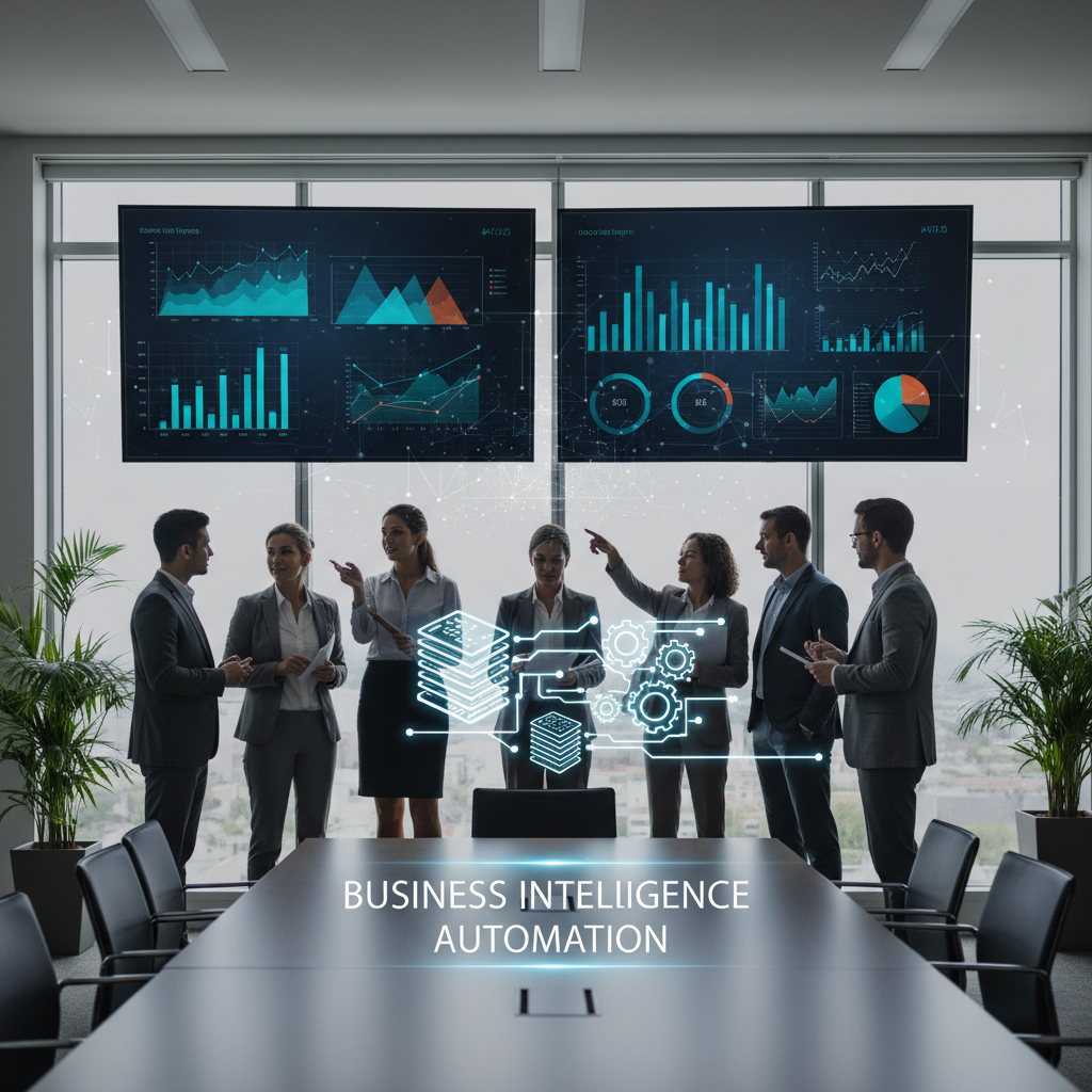 Business intelligence automation dashboards displayed in a modern conference room for a team of analysts.