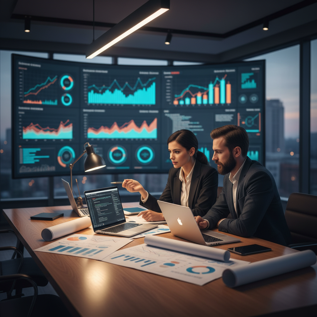 Data professionals collaborating at a desk while business intelligence dashboards update automatically on a screen.