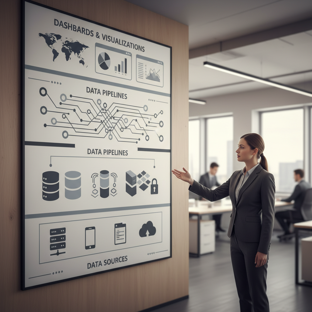 Conceptual layered architecture illustrating data sources, pipelines, storage, and business intelligence dashboards.