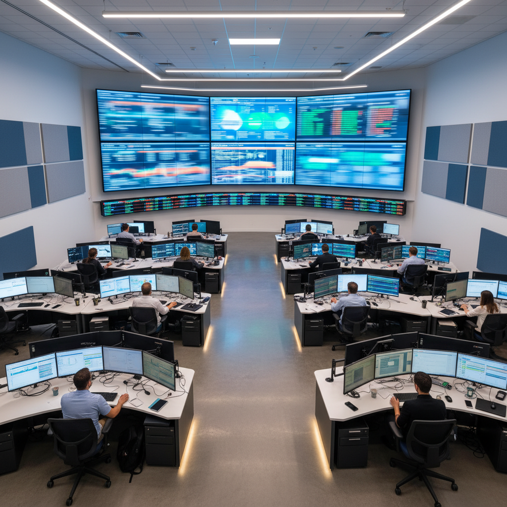 Energy company operations center where staff monitor wall screens with automated performance dashboards.