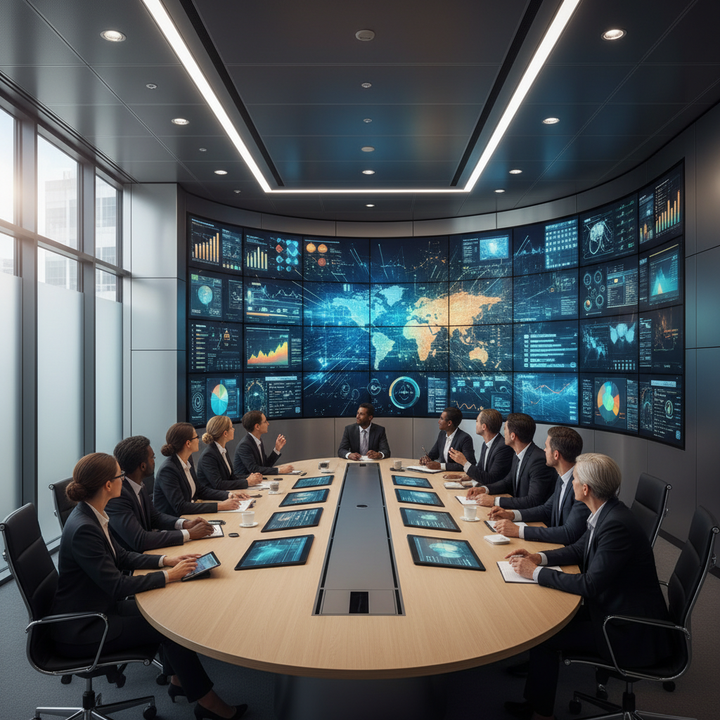Business team reviewing unified data dashboards in a modern analytics war room