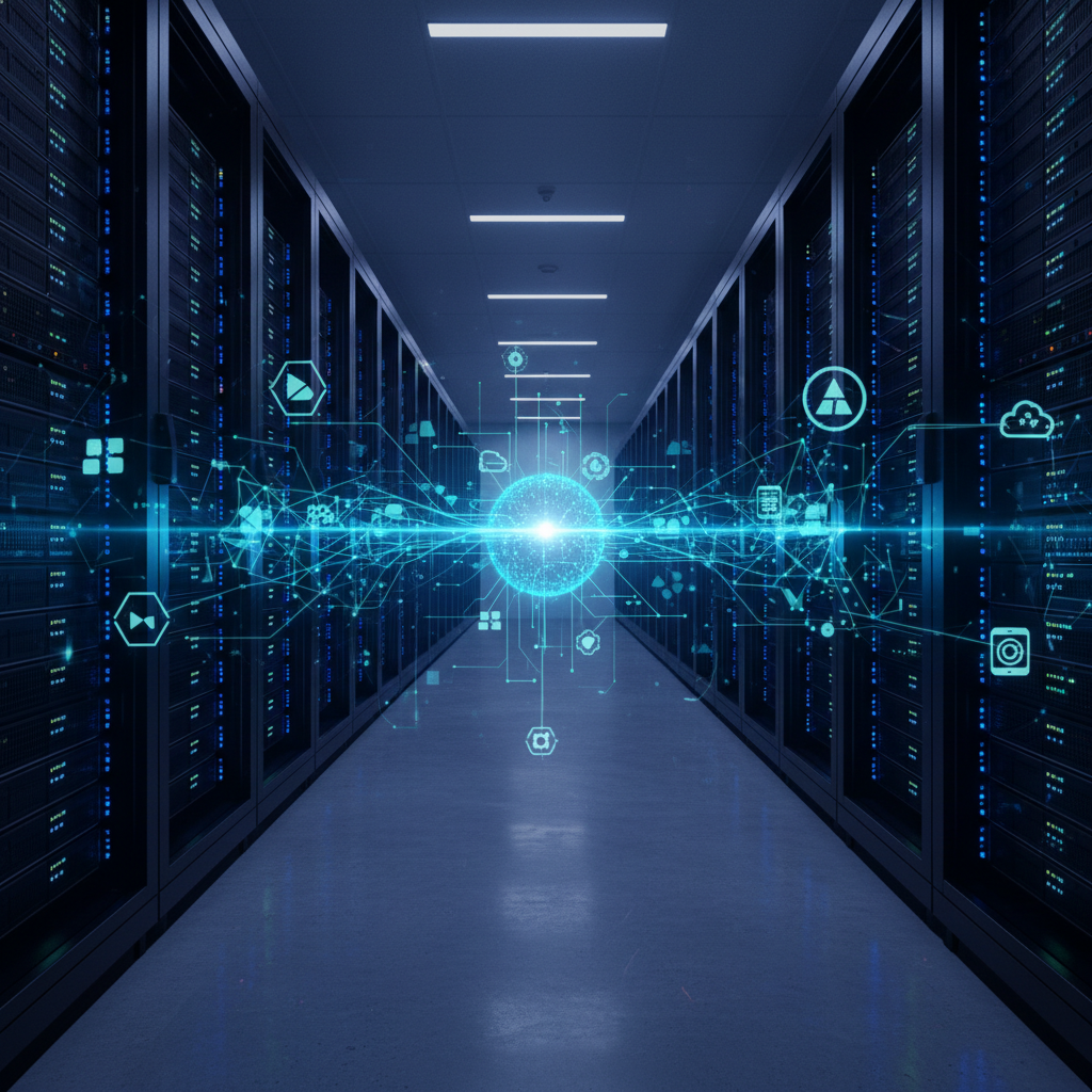 Enterprise data center with visual overlay of multiple data sources converging into a central hub