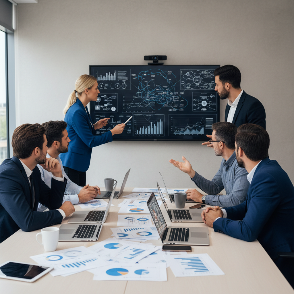 Business team in a meeting room working through complex data dashboards and reports