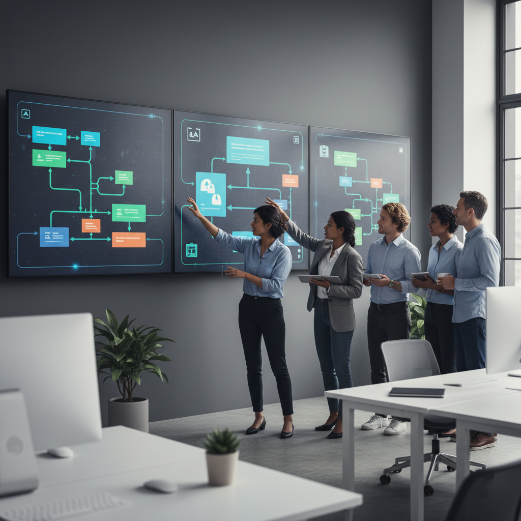 Data engineering team collaborating in front of large screens showing abstract data integration pipelines
