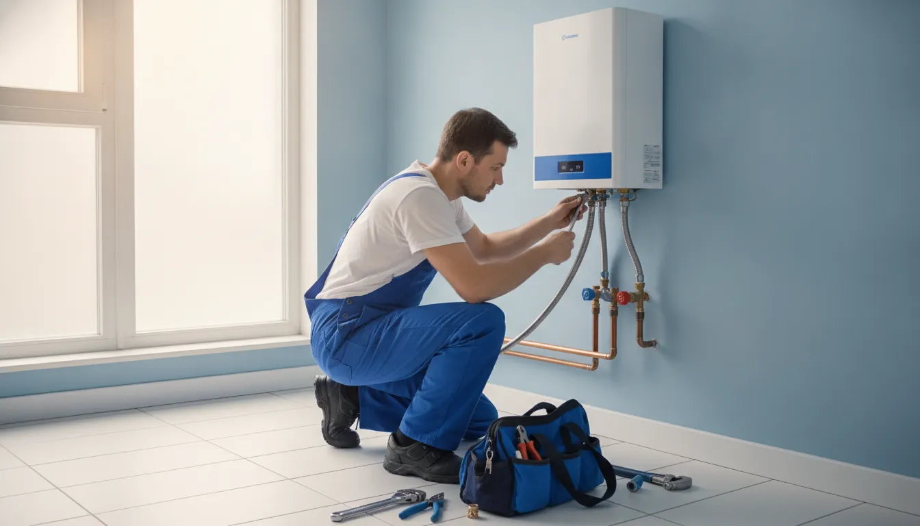 Licensed plumber connecting a flexible gas appliance connector in a home utility area