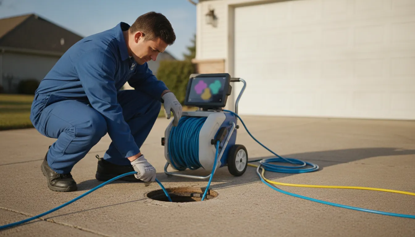 Professional plumber performing a sewer camera inspection for clogged drain repair